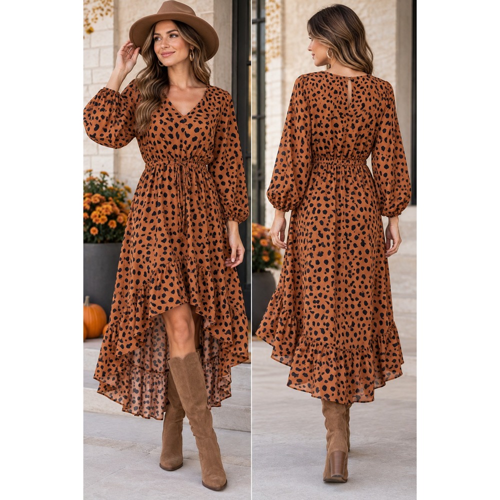 Umgee M Leopard Maxi Dress Brown Black Boho High Low Ruffle Balloon Sleeve Fall